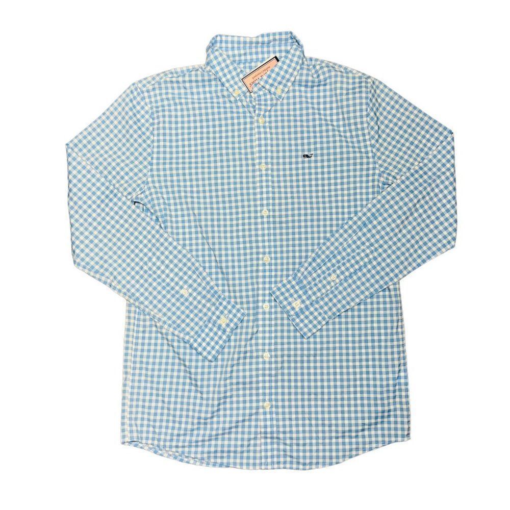Vineyard‎ Vines Arawak Gingham Long Sleeve Performance Whale Maui Blue Youth XL